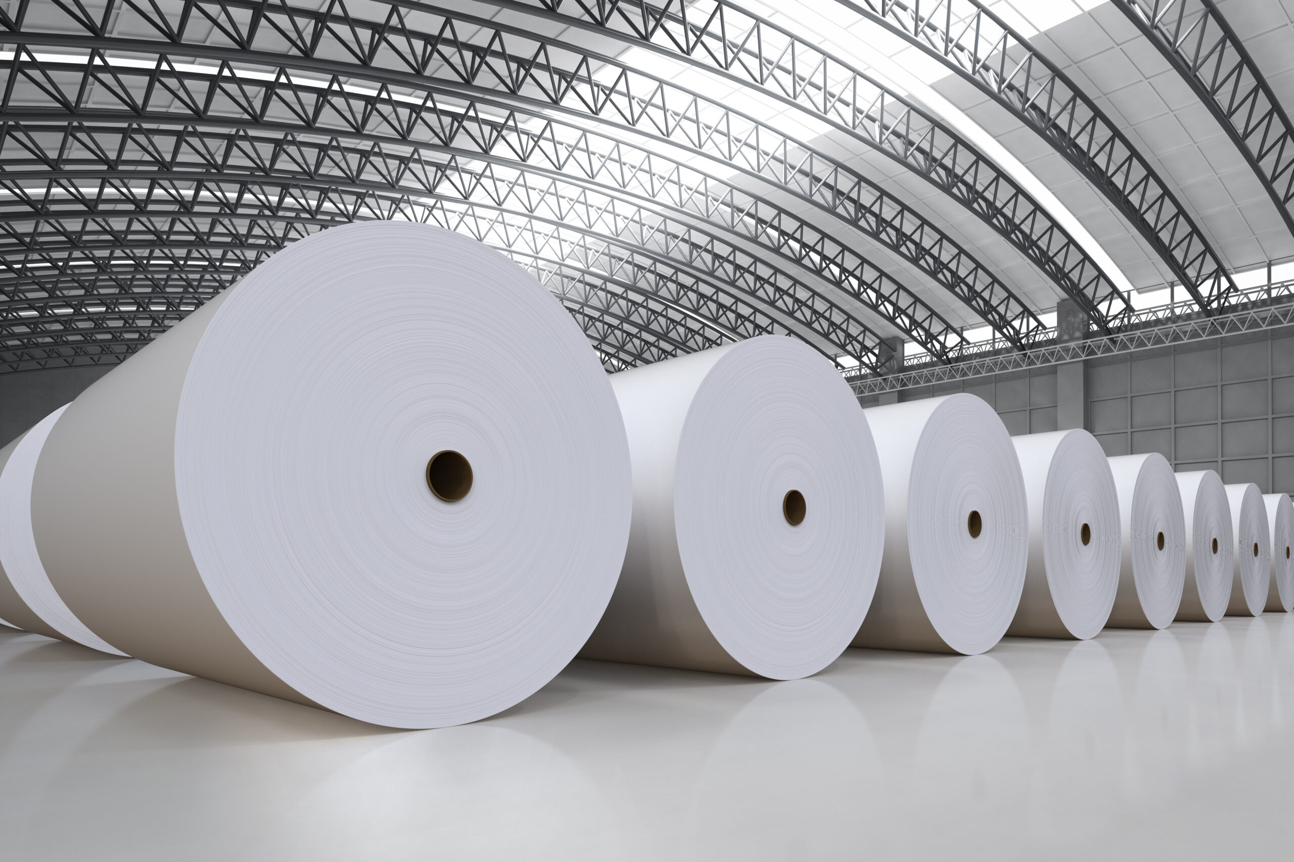 white paper rolls in a warehouse